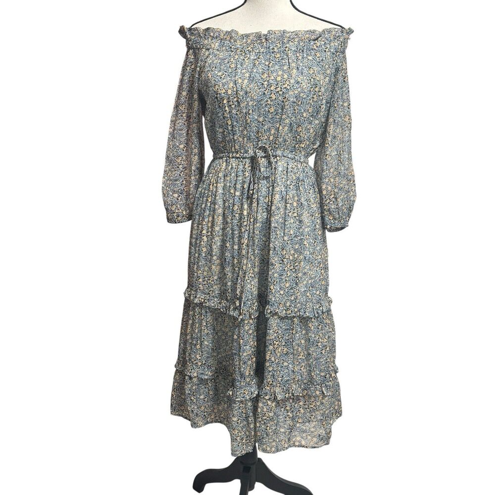 Anthropologie Kira Dress Sz 0 Blue Yellow Floral OTS Tie Waist Midi Peasant